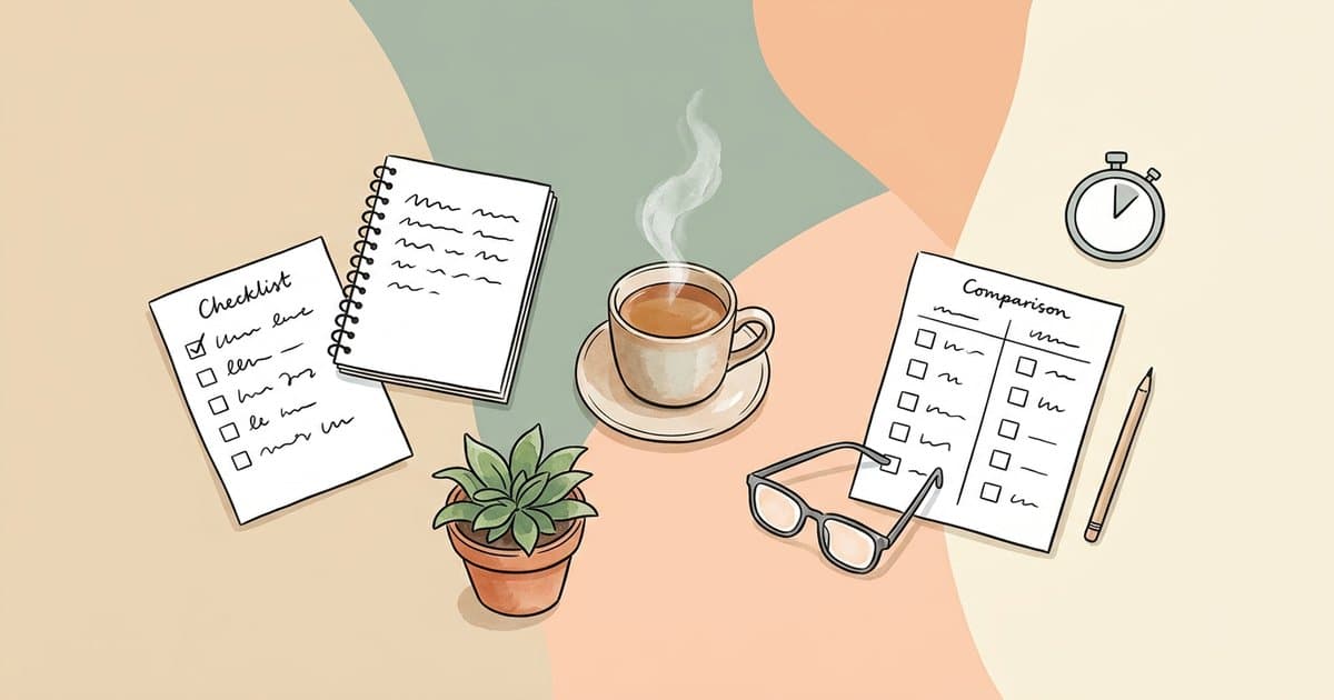 Watercolour flat-lay of a school checklist, notebook and simple tick-box sheet on a soft pastel surface, representing choosing a de-escalation training provider for UK schools.