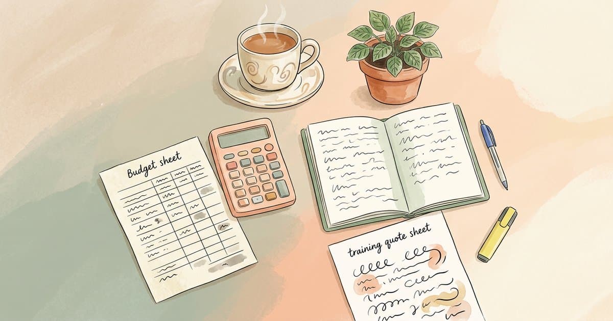 Watercolour flat-lay of a calculator, budget sheet and notebook on a soft pastel tabletop, representing UK school de-escalation training costs and budgeting.