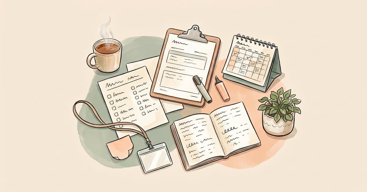 Watercolour flat-lay illustration of UK school stationery representing What should de-escalation training for schools include? A curriculum checklist