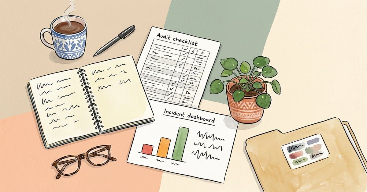 Watercolour flat-lay of an audit checklist, notebook, and simple chart on a soft pastel surface, representing evidencing restraint reduction in a UK children's home.