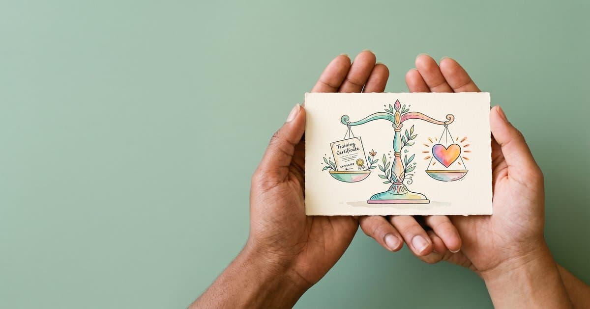 Hands holding an illustrated set of scales balancing a training certificate against a heart, representing rights-based restraint training