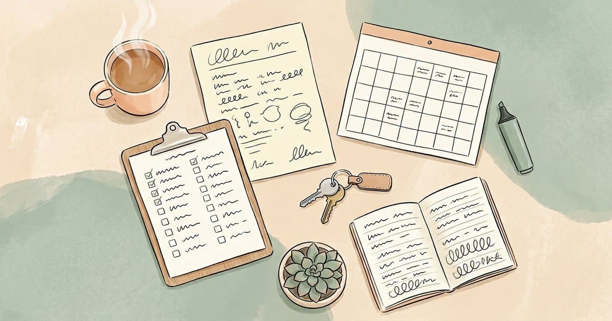 Watercolour flat-lay illustration of a UK school leader’s CPD refresher planning materials, representing how often staff should refresh de-escalation skills.