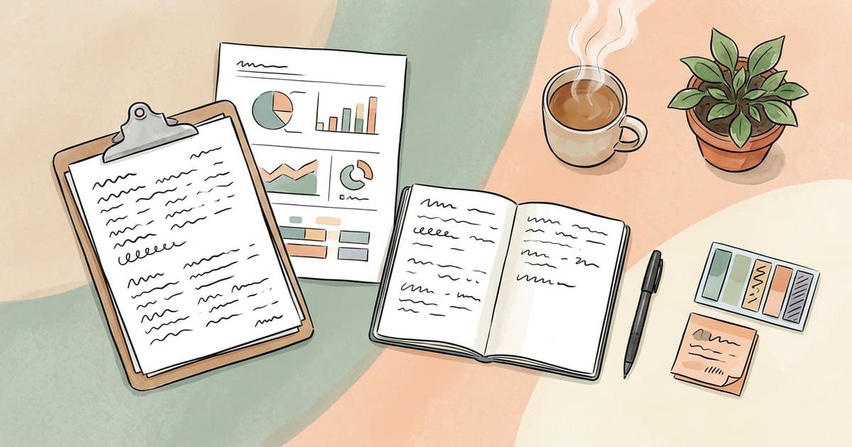 Watercolour flat-lay of an incident log, simple dashboard charts, notebook and tea, representing using incident data to reduce restrictive physical intervention in children's homes