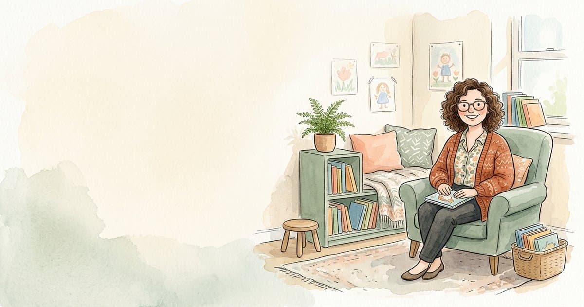 Watercolour illustration of a friendly UK primary school teacher in a calm classroom corner, representing inclusive education strategies.