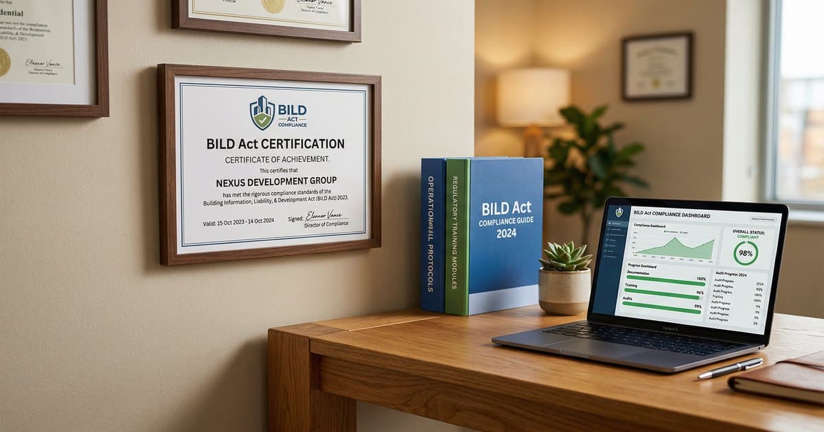 A BILD Act certificate displayed on a professional office wall next to training manuals