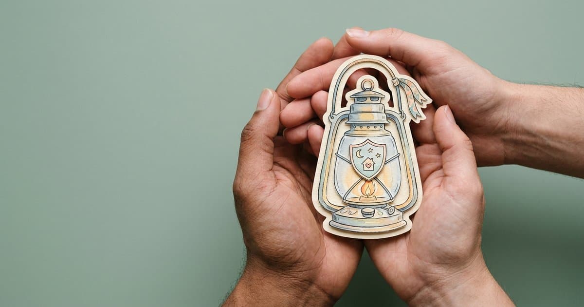 Hands holding a calm night-time lantern illustration, symbolising safe support on night shifts in children's homes