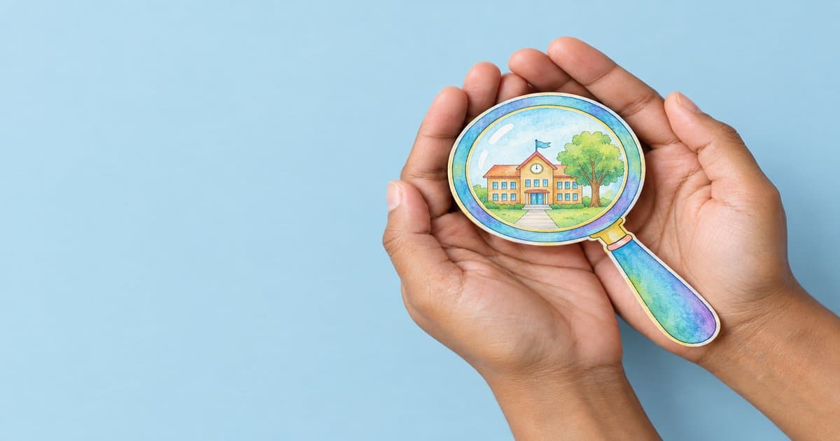 Hands holding a watercolour magnifying glass that shows a small calm school building and a tree