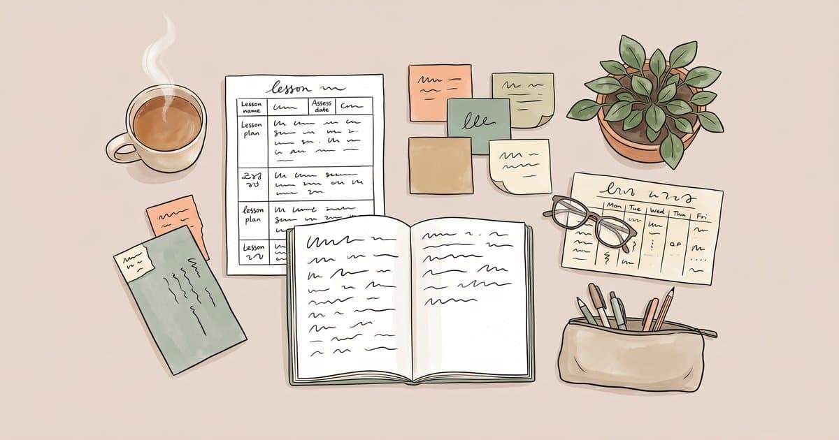 Watercolour flat-lay illustration of a UK teacher's planning tools representing Organisational Techniques for Teachers: Work Smarter