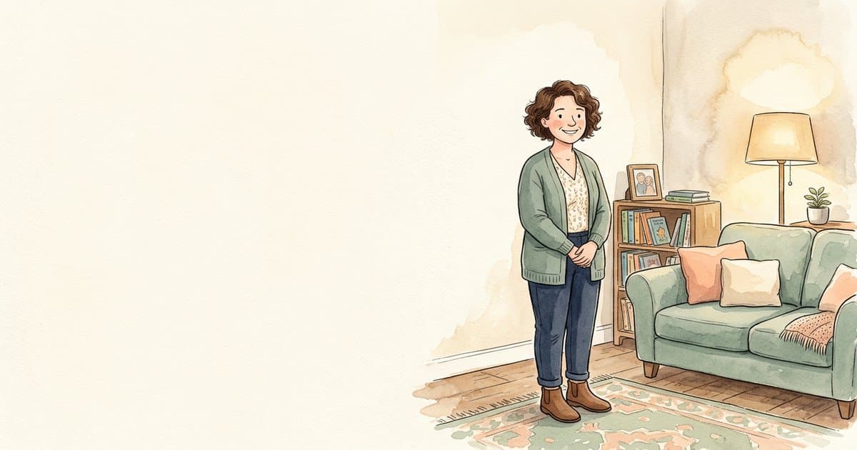 Watercolour illustration of a friendly children's residential care worker in a calm homely living room corner, representing PBS training for children's home staff.