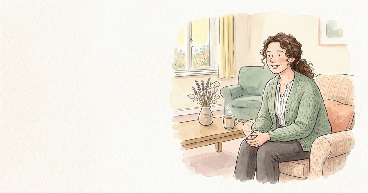 Hand-painted watercolour illustration of a UK adult social care worker in a sage green cardigan, sitting attentively in a softly furnished day-services lounge corner with a steaming mug and lavender on the coffee table.
