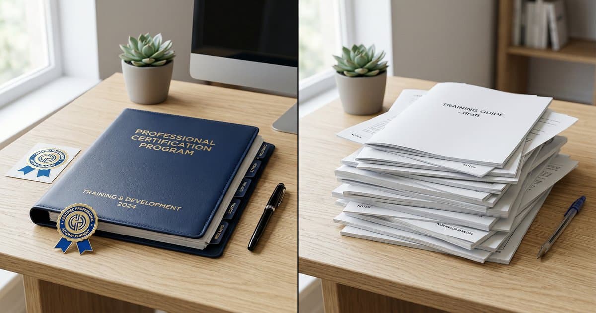 A certified training folder next to unmarked training materials on a clean modern desk