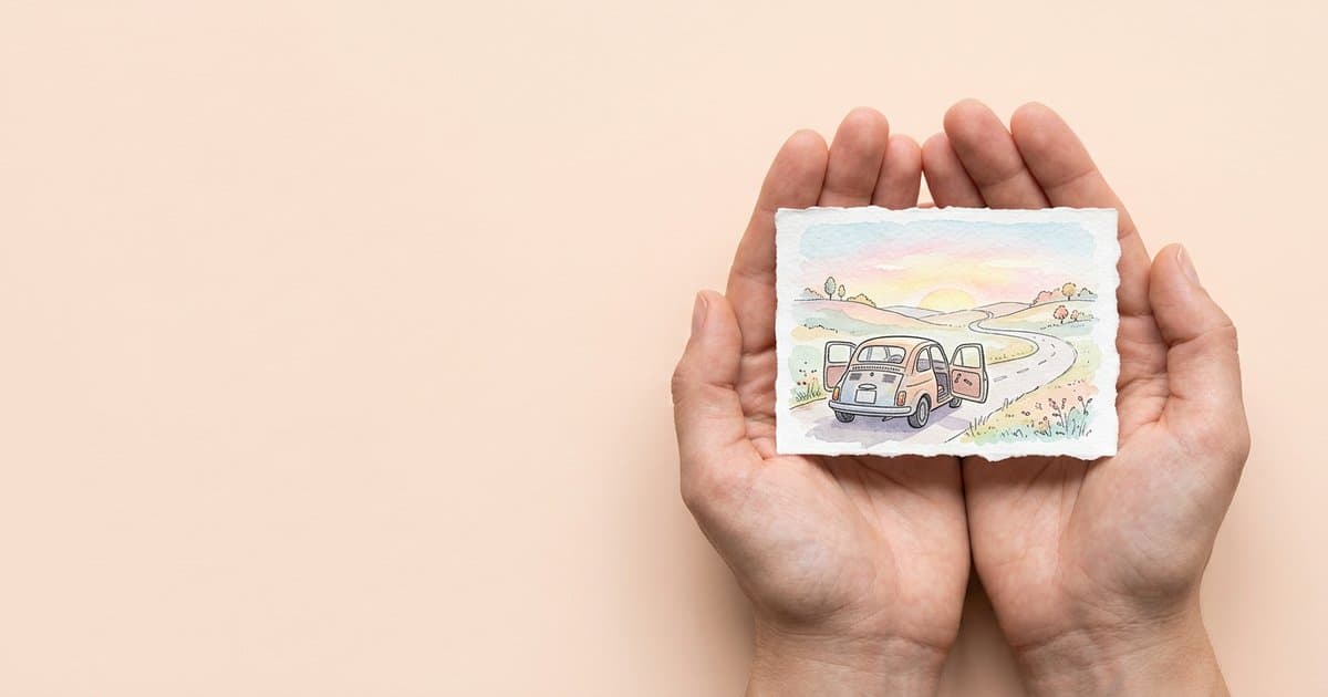Hands holding a watercolour illustration of a small car stopped safely at the side of a winding country road at sunrise, doors open
