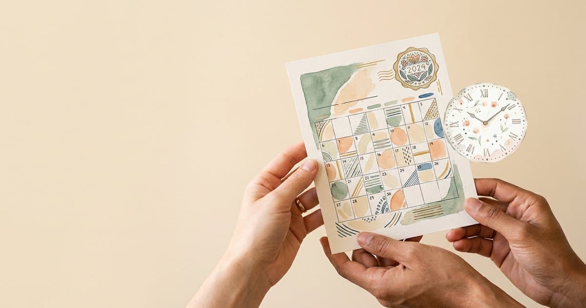 Two pairs of hands gently cradling a watercolour calendar with a small certified seal and a small clock face, illustrating the cyclical nature of PMVA refresher training