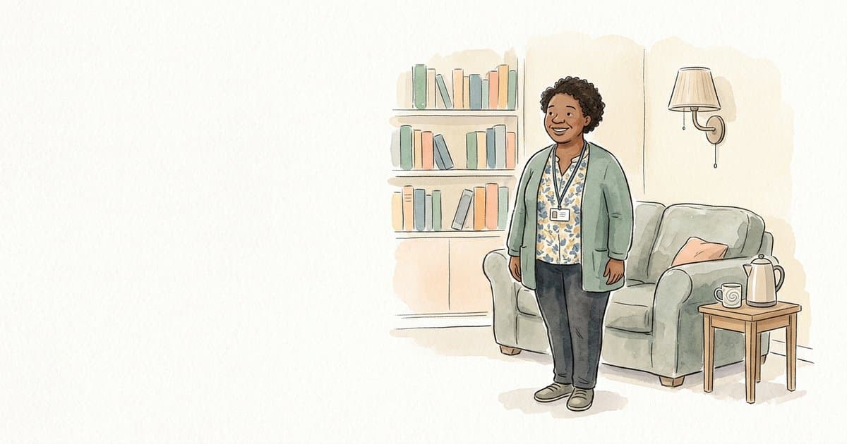 Watercolour illustration of a learning disability support worker in a calm supported living lounge representing PMVA training
