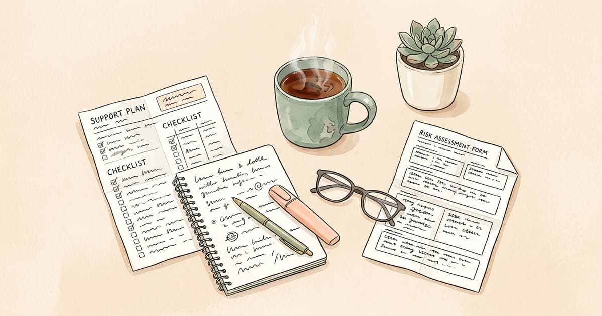 Watercolour flat-lay of a support plan checklist notebook and tea representing how to write a positive behaviour support plan in adult social care