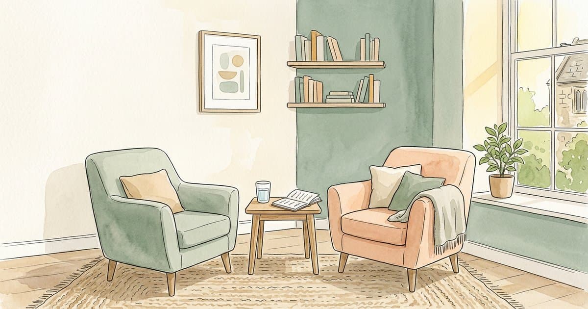 A watercolour illustration of a quiet meeting space in a children's home with two armchairs facing each other, a glass of water, and an open notebook on a wooden table — representing the calm one-to-one space needed for an effective post-incident debrief.