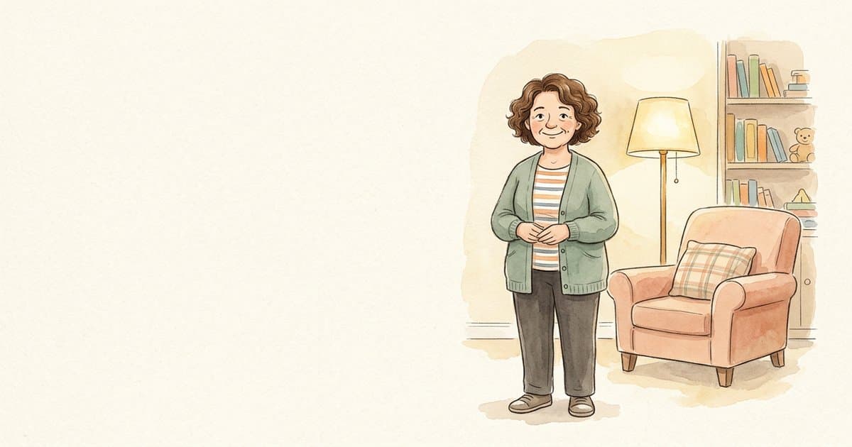 Watercolour illustration of a friendly children's residential care worker in a calm homely living room corner, representing post-incident support in UK children's homes.