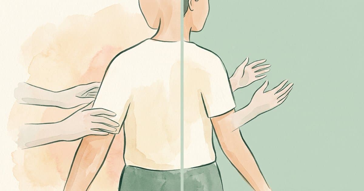 Two watercolour panels: hands supporting a young adult on the left, hands lifted away as they walk forward on the right, illustrating the transition from a safe hold to release in adult social care
