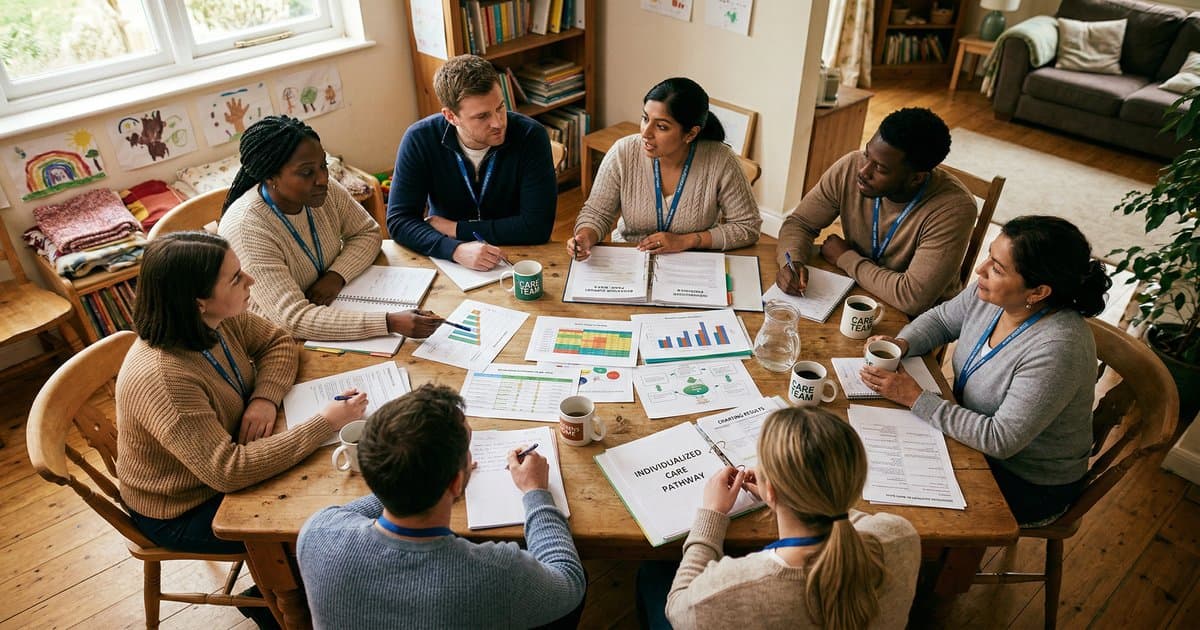 A care team reviewing behaviour support plans together around a table in a children's home