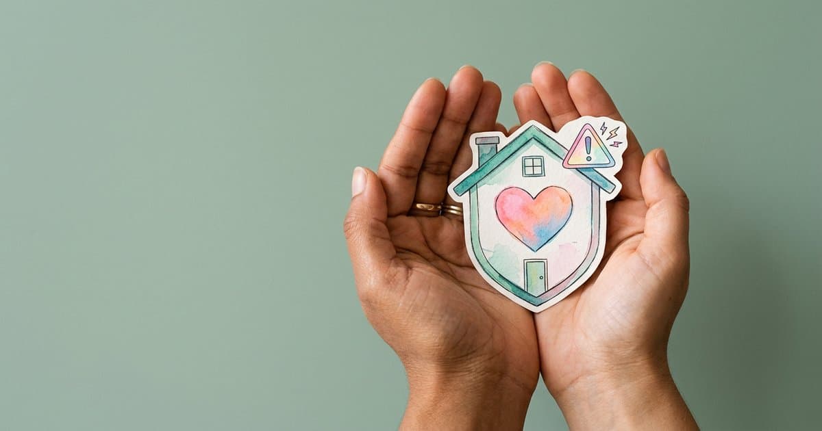 Hands holding a watercolour paper shield shaped like a home, symbolising safe practice and risk awareness in children's homes.