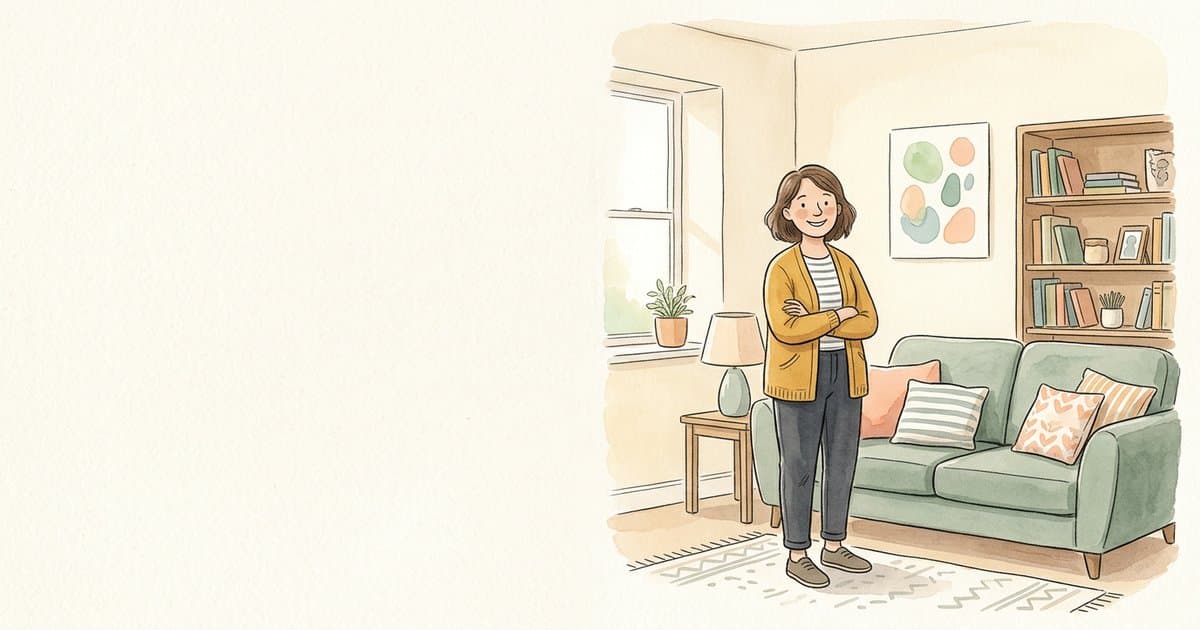 Watercolour illustration of a friendly children's residential care worker in a calm homely living room, representing safer alternatives to prone restraint in UK children's homes.