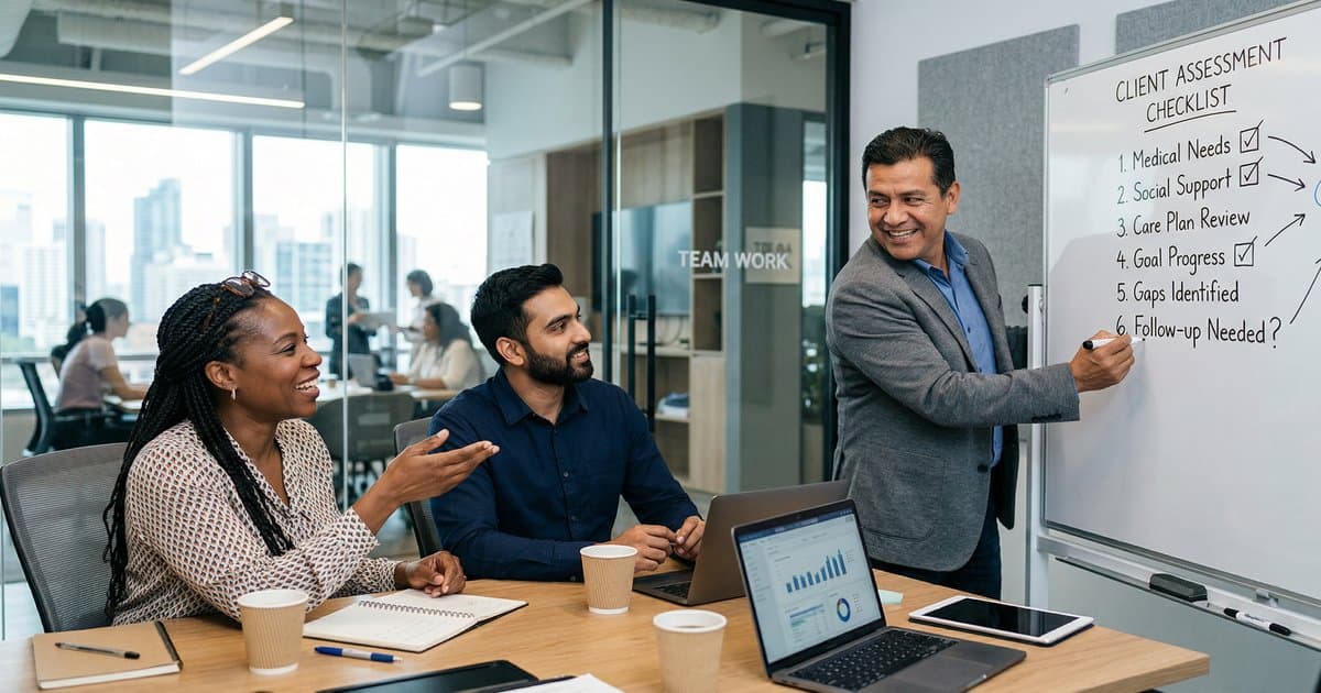 Care managers in a meeting room discussing a checklist on a whiteboard