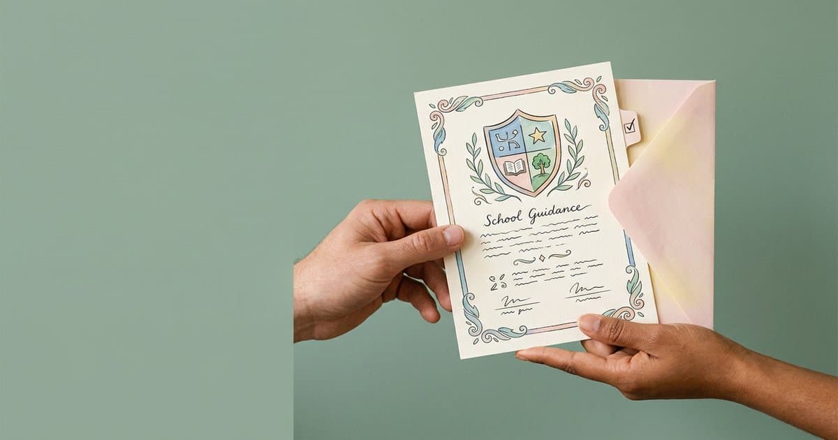 Hands holding a watercolour school guidance document with a parent notification envelope