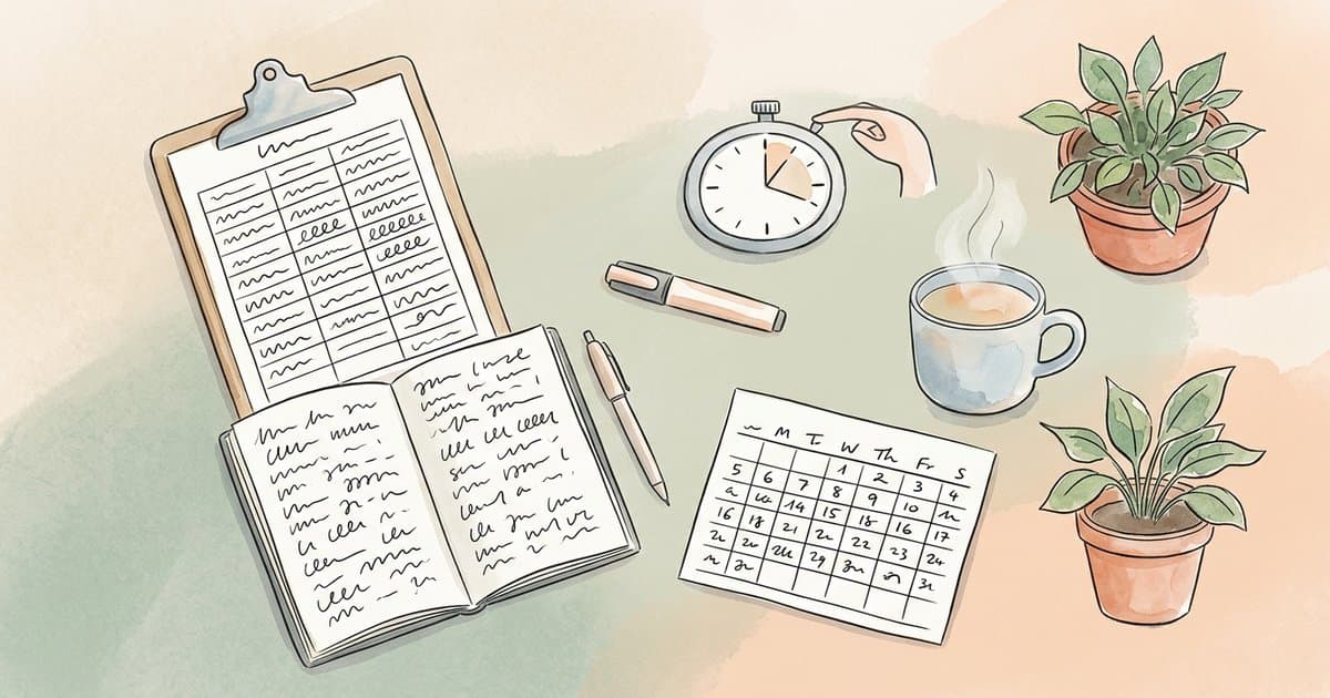 Watercolour flat-lay of an incident log clipboard, notebook and tea on a soft pastel tabletop, representing recording and reporting restrictive interventions in UK schools.