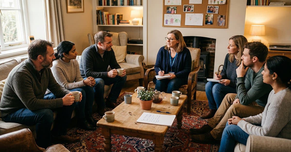 A staff team gathered in a circle for a reflective practice session in a children's home living room