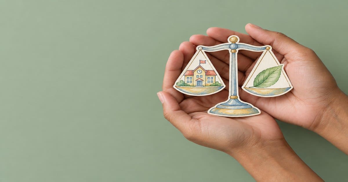 Hands holding a watercolour balance scale with a small school building on one side and a leaf on the other