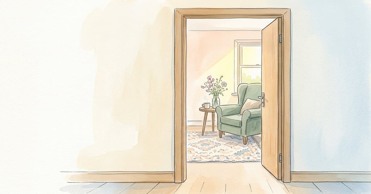 Watercolour and ink illustration of an open wooden doorway in a UK care home, framing a calm communal lounge with a sage armchair, side table, mug and gentle flowers in soft morning light.