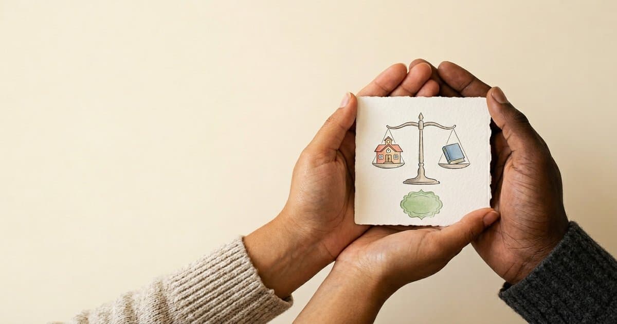 Hands holding a watercolour balance scale with a small schoolhouse and a law book, symbolising the legal and policy responsibilities around restraint training in UK schools.