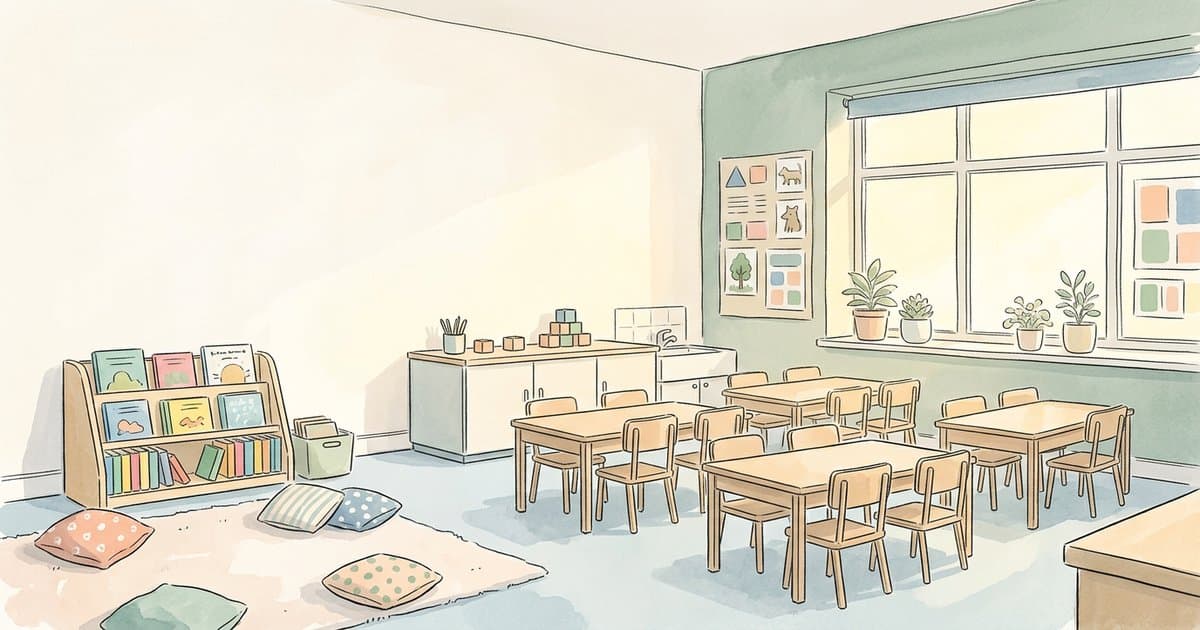 Empty UK primary classroom watercolour illustration symbolising policy clarity and safe school practice