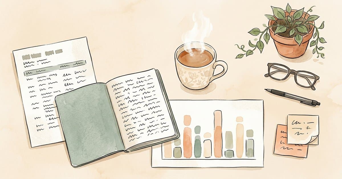 Watercolour flat-lay of a meeting agenda, notes, and a simple chart on a soft pastel surface, representing a restrictive practice reduction meeting in a children's home.