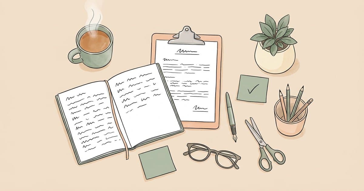 Hand-painted watercolour flat-lay of a children's home registered manager's desk: open notebook with abstract wavy lines, clipboard with squiggle text, steaming mug, sage plant, sticky note with a tick, glasses, pen and pencils. Symbolic of inspection-readiness and routine oversight.