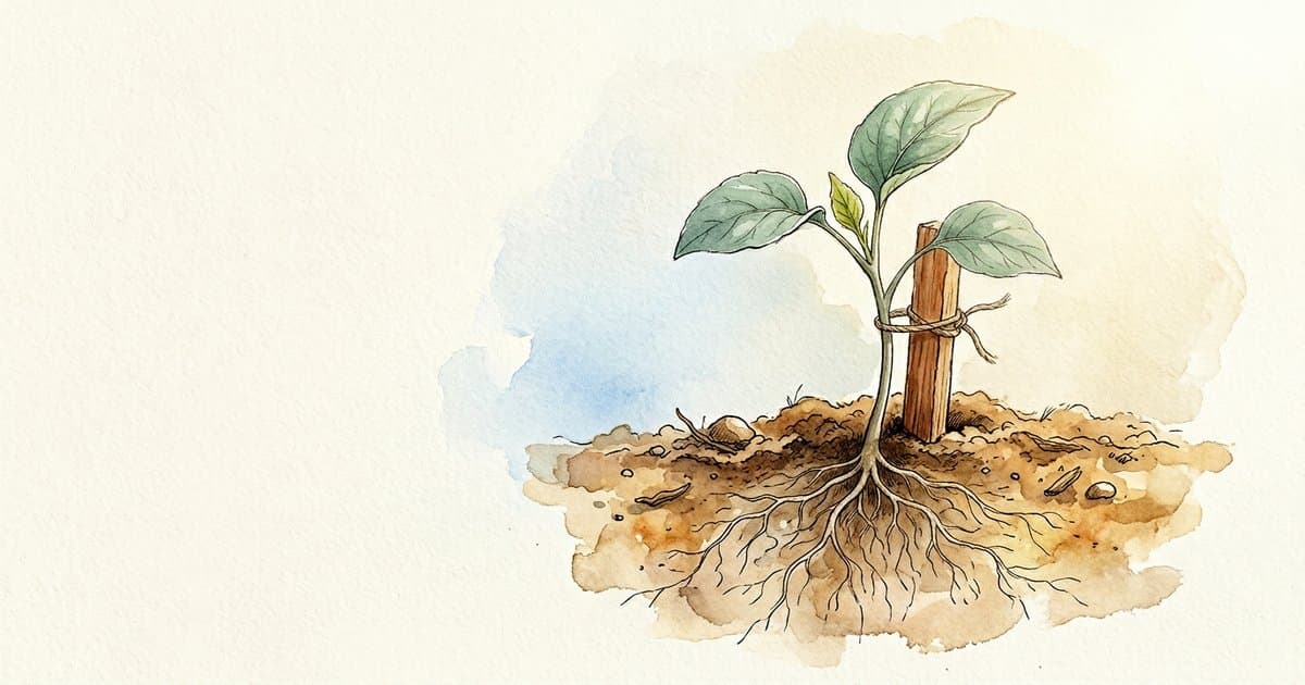 Watercolour and ink illustration of a young plant supported by a wooden stake, with visible delicate root system spreading wide below the soil. A symbol of children's progress that is supported, evidenced, and rooted in safety.