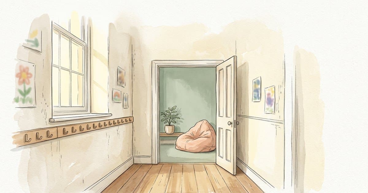 A watercolour illustration of a calm UK school corridor with an open doorway leading to a quiet sensory space with a beanbag and plant, illustrating the difference between a punitive seclusion and a regulated quiet space.