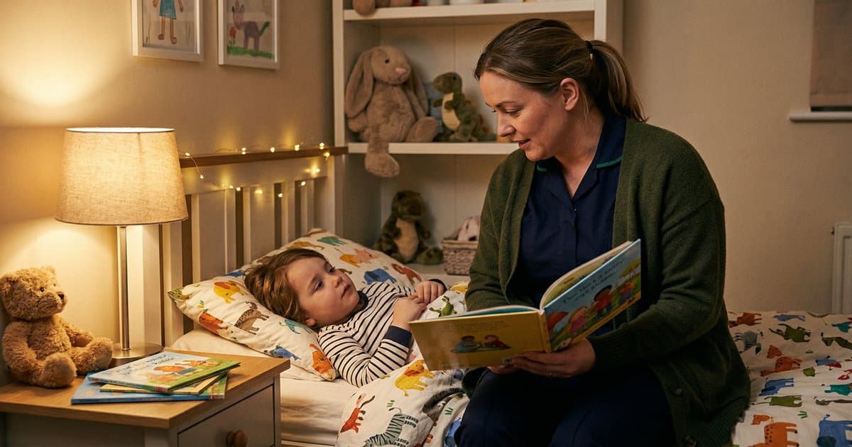 A key worker reading a bedtime story to a young child in a cosy bedroom with warm lamp light