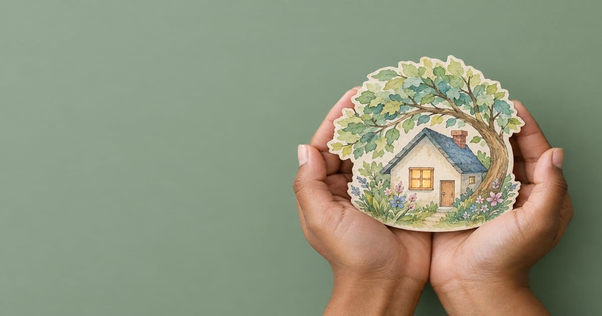 Hands holding a watercolour paper house with a warm light in the window, sheltered by a leafy tree