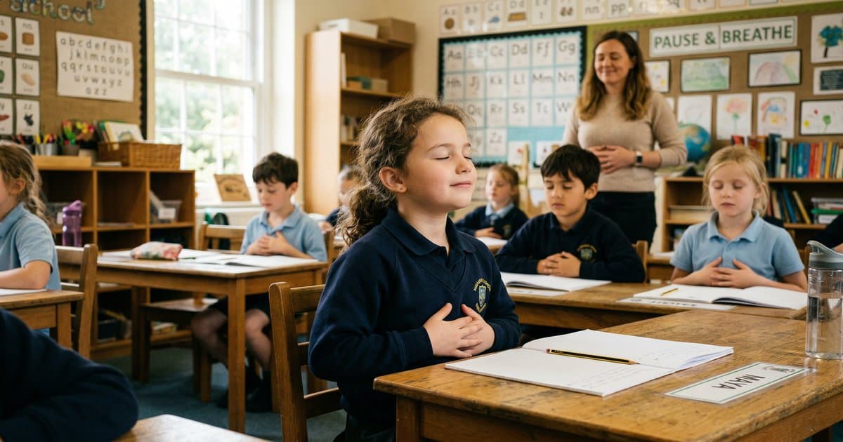 A primary school child practising a breathing exercise at their desk with eyes closed