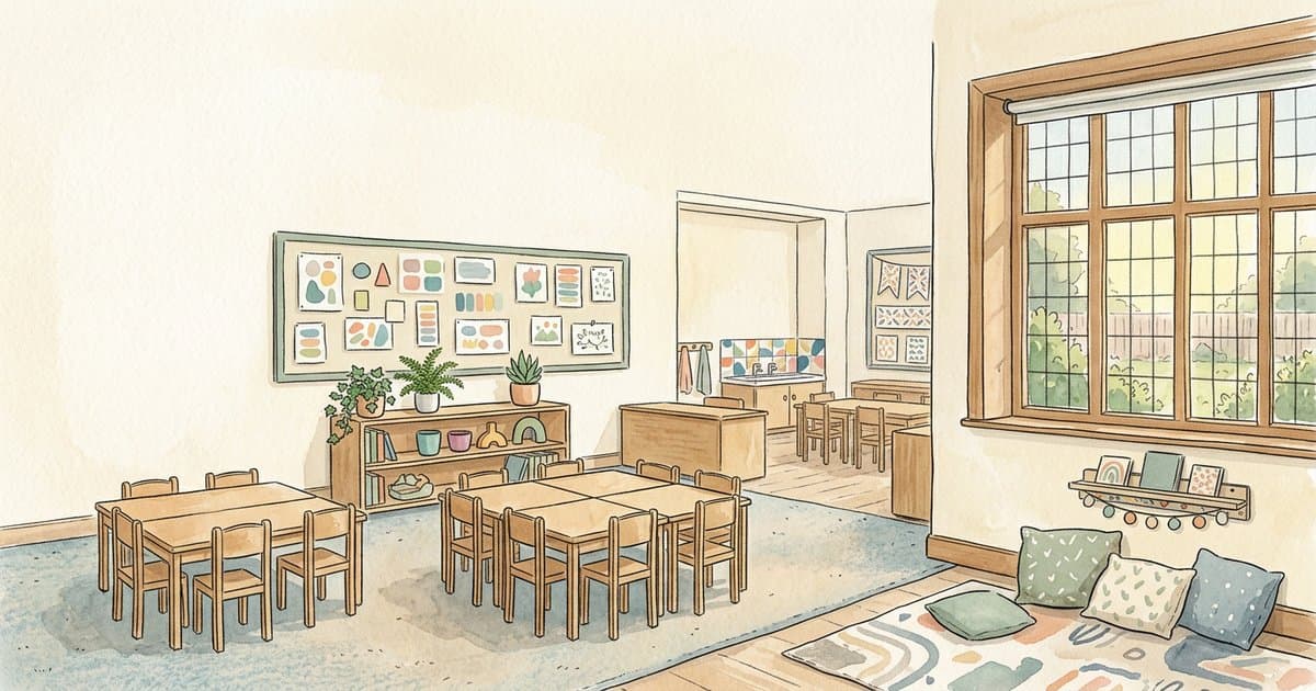 Watercolour illustration of an empty UK classroom with grouped desks and a calm reading corner, representing SEMH training and whole-school provision