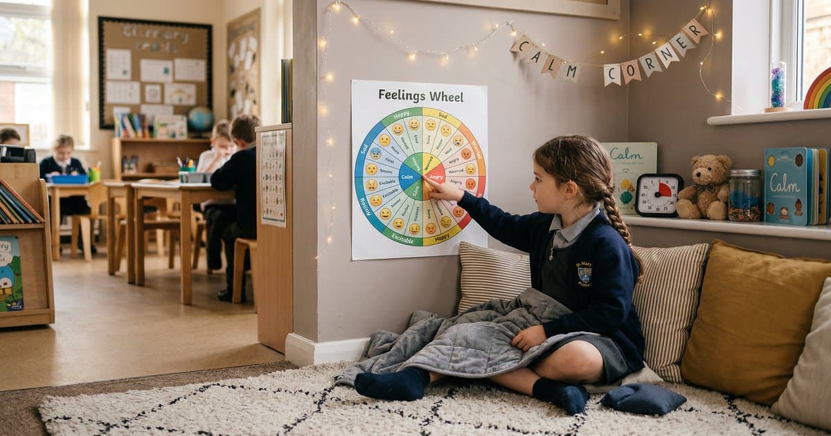 A child sitting in a calm-down corner using a feelings wheel chart, with soft furnishings and fairy lights
