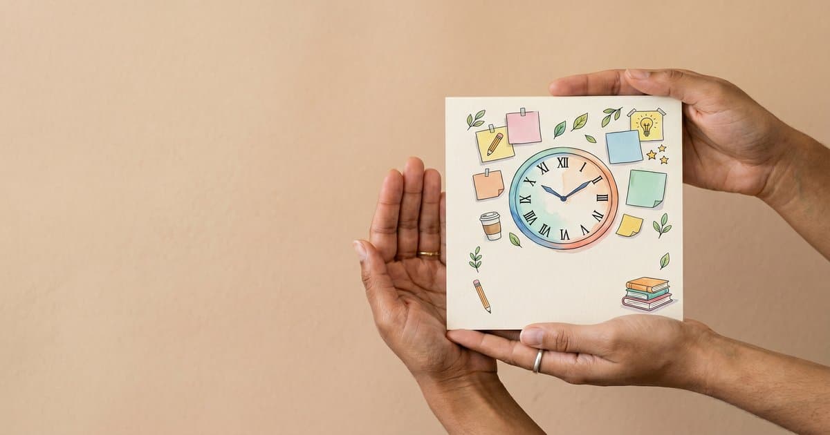Hands holding an illustrated planner and clock representing time management skills for teachers and students