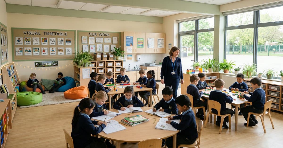 A calm, well-organised UK primary classroom with children working in small groups and natural light flooding in