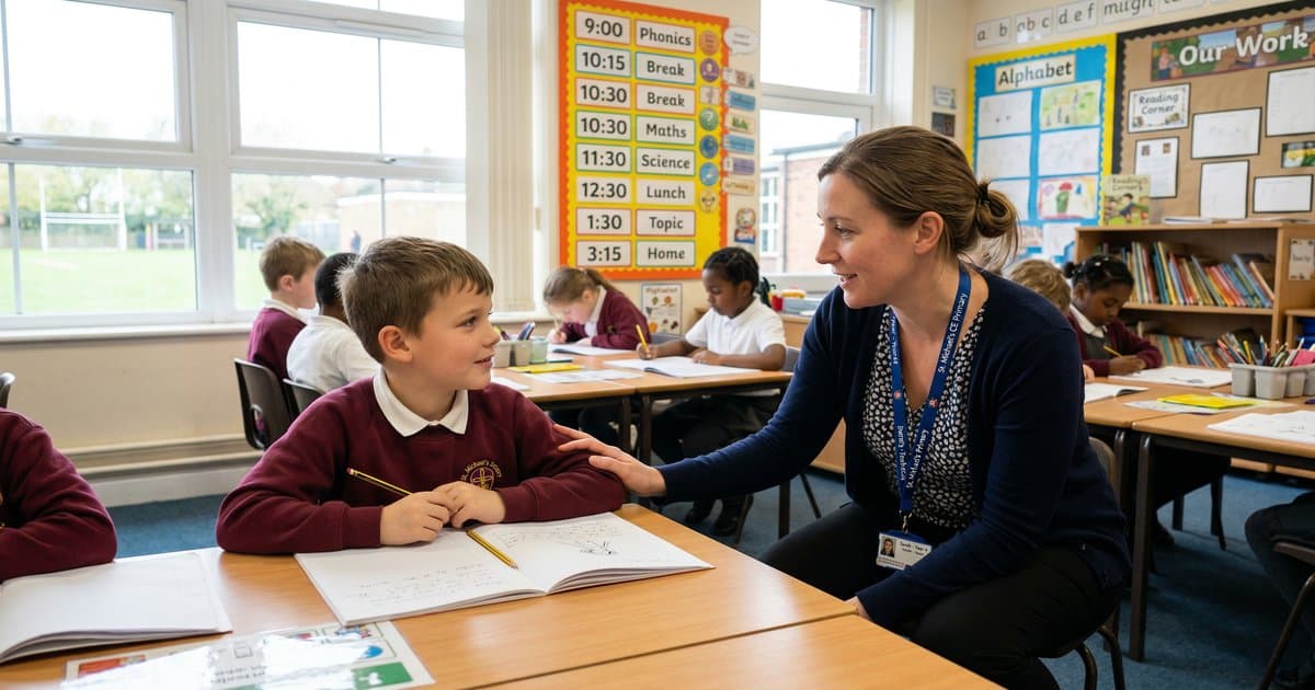 A primary school teacher having a quiet one-to-one conversation with a pupil at their desk in a bright UK classroom