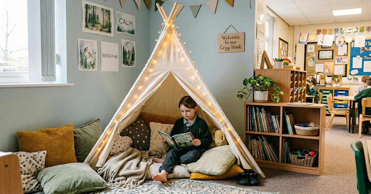 A cosy reading nook in a UK primary classroom with cushions, fairy lights, and a child reading peacefully