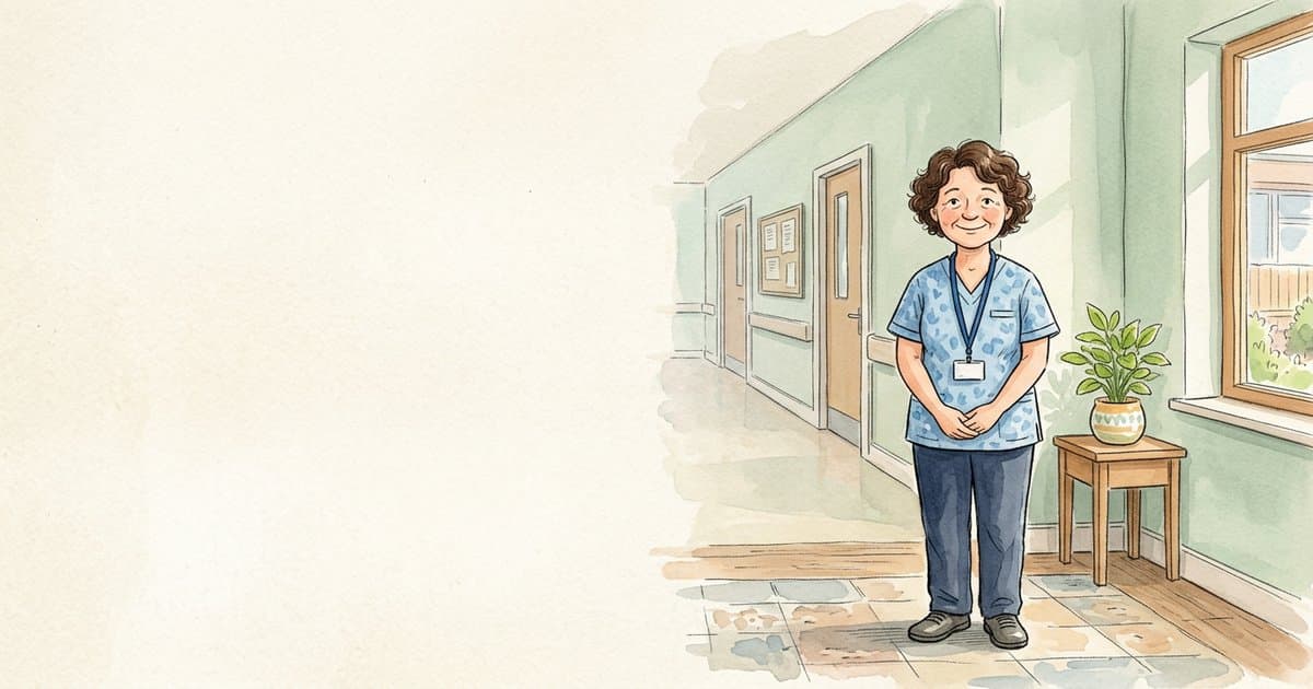 A watercolour illustration of a friendly NHS mental health nurse standing calmly in a softly-lit hospital corridor, representing the relational practice that sits behind trauma-informed PMVA training.