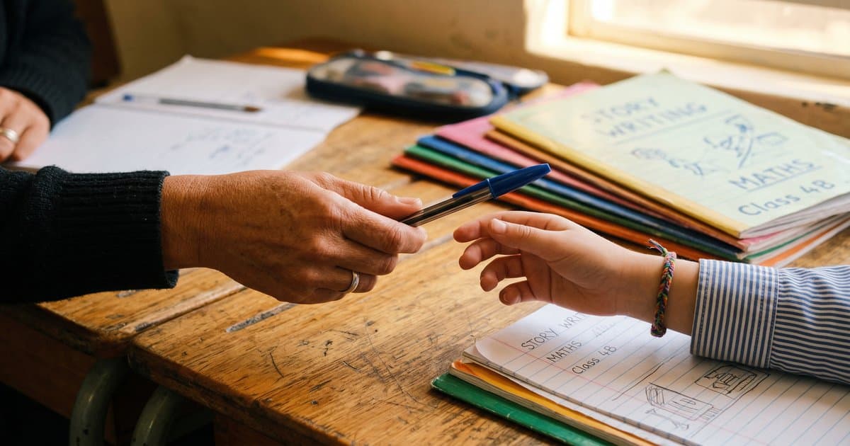 Close-up of an adult and child's hands reaching towards each other across a school table, passing a pen