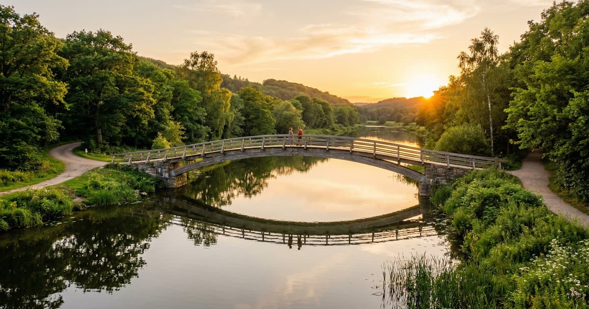 A peaceful bridge over a calm river at golden hour connecting two green banks