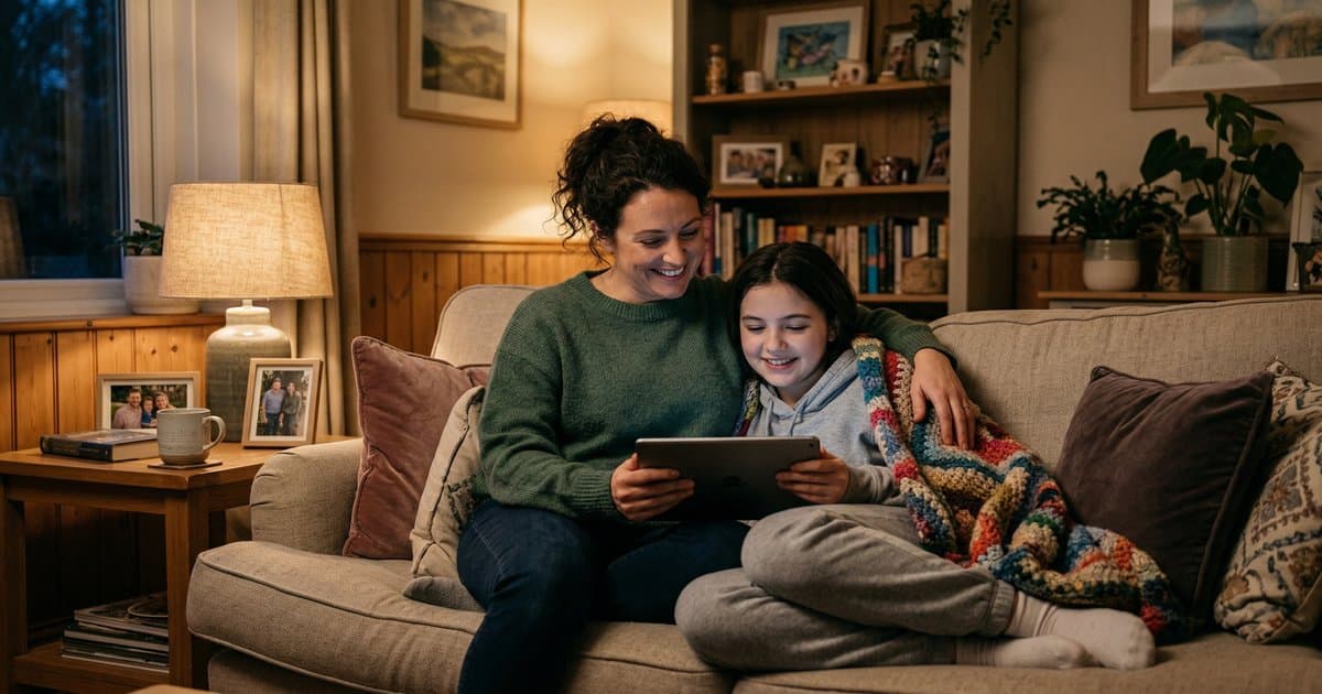 A care worker and young person sitting together on a sofa watching something on a tablet in a cosy living room